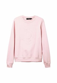 Hellrosa langärmliges Sweatshirt mit Rundhalsausschnitt, gerippten Bündchen und Saum sowie einem dezenten, erhabenen Herz- und Buchstaben-Design "D" auf der Brust.