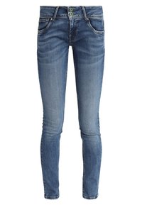 Jeans skinny blu in denim, con una finitura sbiadita, due tasche frontali, due tasche posteriori e due bottoni verdi in vita.