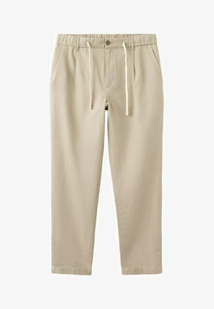 Pantalones casuales beige con cintura elástica, cierre de botón, cordones blancos, bolsillos laterales y corte recto.