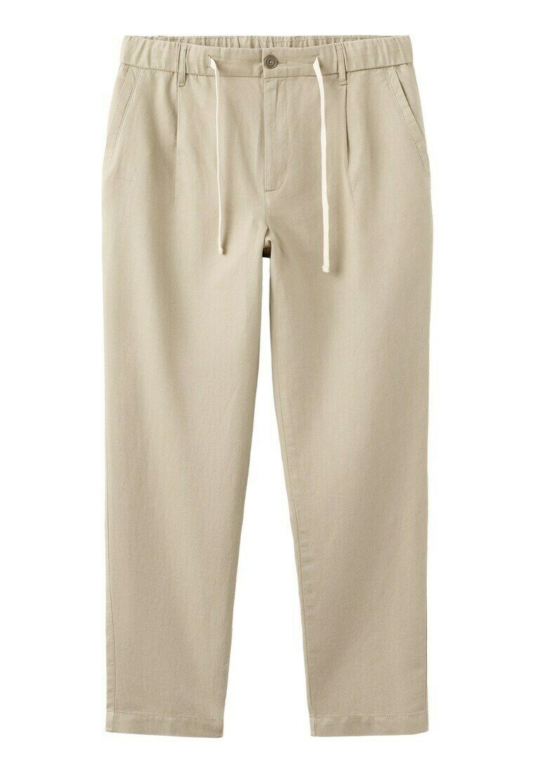 Beige casual broek met elastische tailleband, knoopsluiting, witte trekkoorden, zijzakken en een rechte pijpvorm.