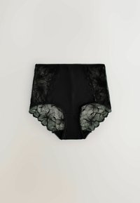 Black high-waist women's underwear with floral lace panels on the sides and sheer lace detailing at the leg openings.