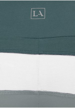 Cotton blend fabric features a ribbed texture, in dark green, white, and light gray stripes, with a small "LA" logo printed at the top.