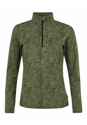 Top verde de manga larga con media cremallera, con un patrón de manchas negras. Fabricado con un tejido suave y de textura lisa.