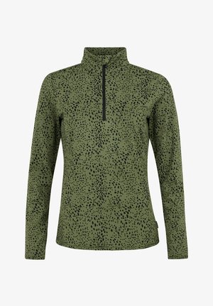 Žalias ilgomis rankovėmis viršus su pusiau užtrauktuku, pasižymintis juodais taškuotais raštais. Pagamintas iš minkštos medžiagos su glotnia tekstūra.