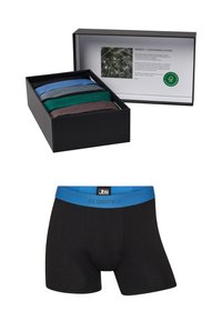 Boxad set med fyra herrboxershorts i bambu i svart, grön, blå och brun, med ett kontrasterande blått midjeresår med varumärkeslogo.