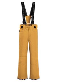 Gula snöbyxor med justerbara svarta hängslen. Har en slät yta, förstärkta knän och rutiga detaljer vid muddarna.