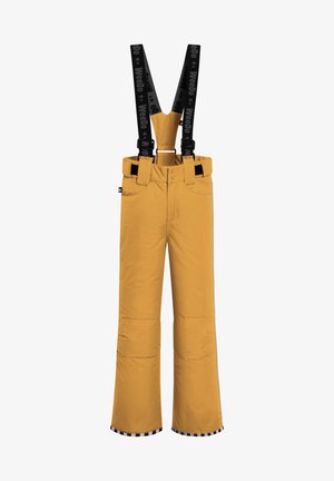 Gule skibukser med justerbare sorte seler. Har en glat tekstur, forstærkede knæ og ternede detaljer ved manchetterne.