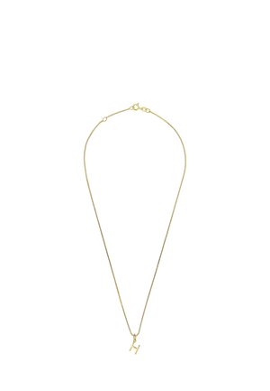 Delicate gold chain necklace with a small, gold letter H pendant.