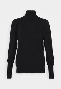 Maglione a collo alto nero con maniche lunghe, colletto e polsini a coste, e dettaglio arricciato sulle spalle. Realizzato in materiale morbido ed elastico.