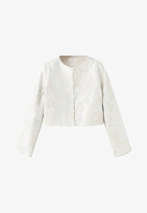 Chaqueta blanca recortada con un patrón de encaje floral y mangas largas. Cuenta con un cuello redondo y cierre frontal de botones. Superficie texturizada.