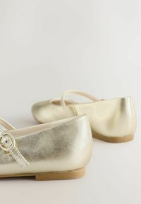 Kuldne metallik ballerinasussid, millel on sile tekstuur, ümar varvas ning õhuke pahkluu rihm väikese ringikujulise pandlaga. Madala kontsaga disain.