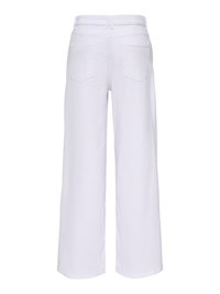 Pantalon blanc taille haute à jambes larges avec poches arrière et passants de ceinture, présenté sur un fond blanc uni.