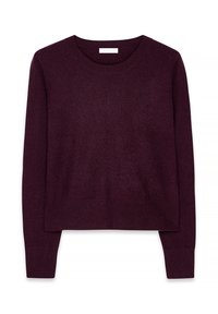 Bordeaux gebreide trui met een ronde halslijn, lange mouwen en geribbelde manchetten. Zachte textuur, iets cropped ontwerp, minimalistische branding op de hals.