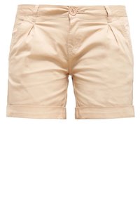 Beige shorts valmistetut pehmeästä kankaasta, joissa on nappisulkeminen, kaksi etupleiraa ja käännetyt helmat tyylikkään ilmeen saavuttamiseksi.