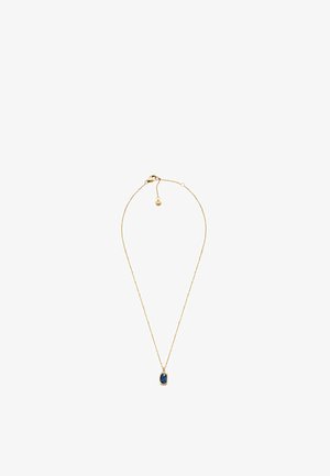 Gouden kettinghanger met een blauwe, rechthoekige edelsteen in een gestructureerde bezel-instelling en een kreeftsluiting.