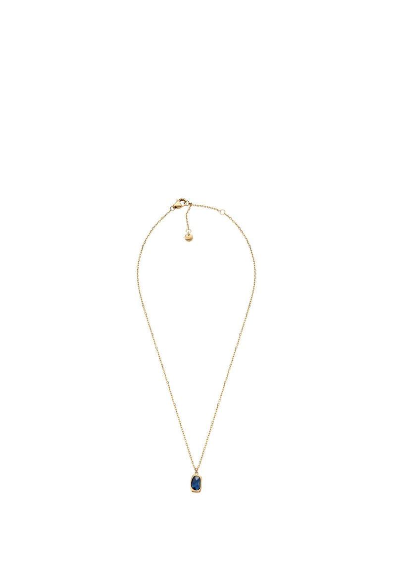 Necklace din aur cu lanț, având un pandantiv rectangular albastru, cu un cadru texturat și închidere tip lobster.