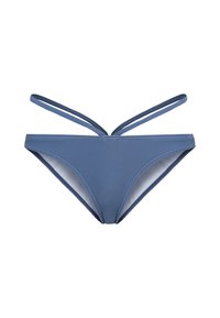 Kék bikini alsó sima anyagból. Két vékony, állítható pánttal és klasszikus szabással rendelkezik. Nincsenek látható minták vagy fémalkatrészek.