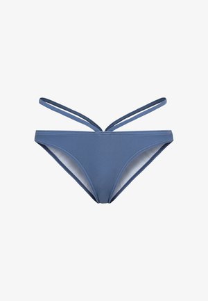 Parte de baixo de biquíni azul feita de tecido suave. Apresenta duas tiras finas e ajustáveis e um corte clássico. Sem padrões visíveis ou acessórios.