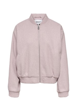 Veste bomber rose clair avec col, poignets et ourlet côtelés, dotée d'une fermeture éclair frontale et de poches latérales. Tissu doux sans motifs.