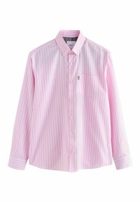 Cămașă roz deschis, cu mânecă lungă, cu nasturi, prevăzută cu dungi verticale subțiri albe, guler și un buzunar frontal, realizată dintr-un material neted.