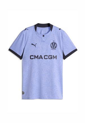 Maglia da calcio viola chiaro con colletto nero e bordi delle maniche neri, logo Puma, testo dello sponsor CMA CGM e stemma del club Olympique de Marseille.