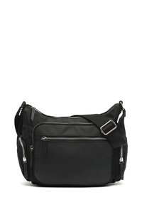 Schwarze Nylontasche mit mehreren Reißverschlusstaschen, verstellbarem Tragegurt, rechteckiger Form und glatter Textur. Silberne Hardware-Akzente.