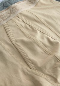 Beige szövet alsónemű finom varrási részletekkel, kontraszt színű, texturált derékpánttal és sima, rugalmas anyaggal.