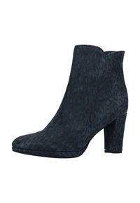 Botte de cheville en daim bleu marine avec imprimé léopard, bout pointu et talon carré. Présente une texture lisse et des détails de couture subtils.