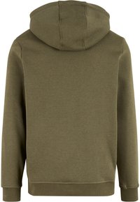 Oliwkowa bluza z kapturem wykonana z miękkiego materiału; charakteryzuje się luźnym krojem, ściągaczami na mankietach oraz gładkim tyłem bez kieszeni.
