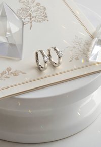 Silverörhängen i ringform med en central klar ädelsten, placerade på en dekorativ yta med blomsterdetaljer och geometriska kristaller i närheten.