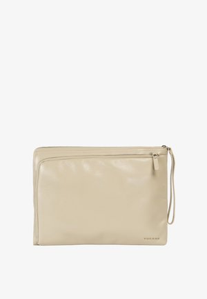 Beige leren polszakje met bovenste ritssluiting, voorvak met ritssluiting en klein geperst logo in de rechteronderhoek.