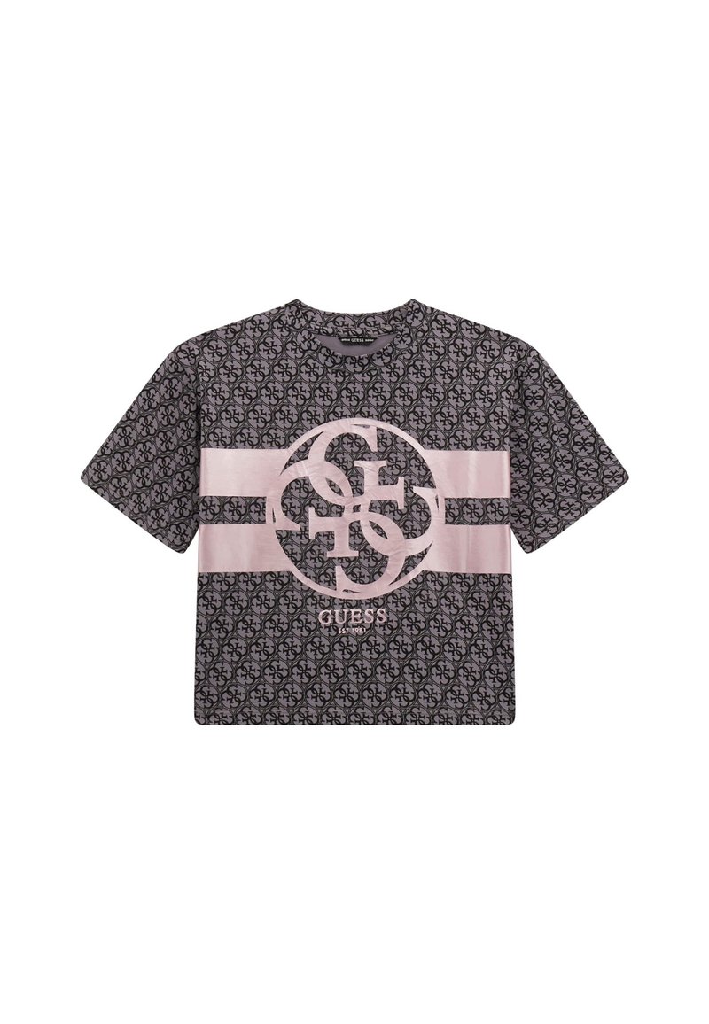 Maglietta nera con motivo logo su tutta la superficie, caratterizzata da una striscia orizzontale rosa chiaro e un logo grafico circolare con la scritta "GUESS" al centro.