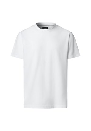 Hvid, kortærmet T-shirt med rund hals, vist forfra på hvid baggrund med synligt mærke indeni kraven.