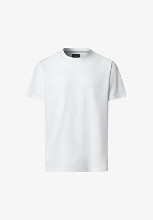 Jednobarevné bílé tričko s krátkými rukávy a kulatým výstřihem, zobrazené na bílém pozadí, pohled zepředu s viditelnou značkou uvnitř límce.