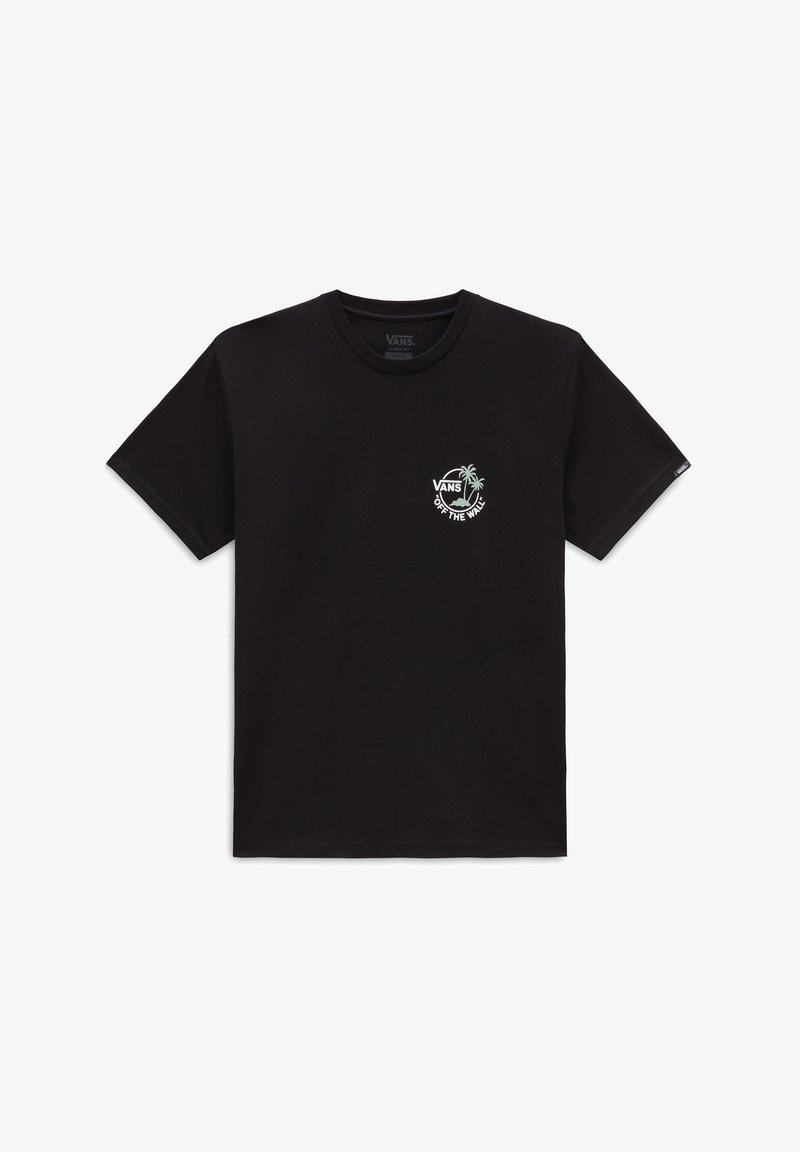 Černé bavlněné tričko s krátkým rukávem a kulatým výstřihem, s grafikou palmy a textem "VANS OFF THE WALL" v bílé a zelené barvě.