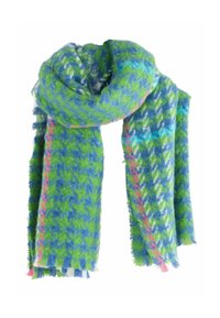 Blød vævet tørklæde med et blå-grønt houndstooth-mønster, accentueret med rosa diagonale striber og frynsede kanter.