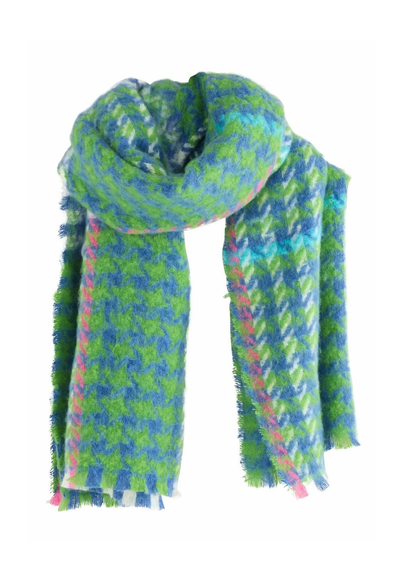 Blød vævet tørklæde med et blå-grønt houndstooth-mønster, accentueret med rosa diagonale striber og frynsede kanter.