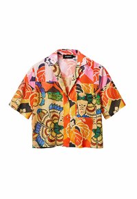 Kortærmet skjorte med knapper, prydet med et livligt blomster- og geometrisk mønster. Fremstillet af letvægtsstof i orange, pink, gul og sort.