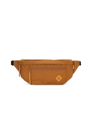 Marsupio in tessuto marrone con tasca frontale con zip, dettagli in pelle e un logo a forma di diamante. Cintura regolabile sul retro.