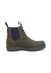 Stivaletto in pelle marrone con pannelli laterali elastici, linguette e suola in gomma texturizzata. Presenta cuciture marroni e un design elegante.