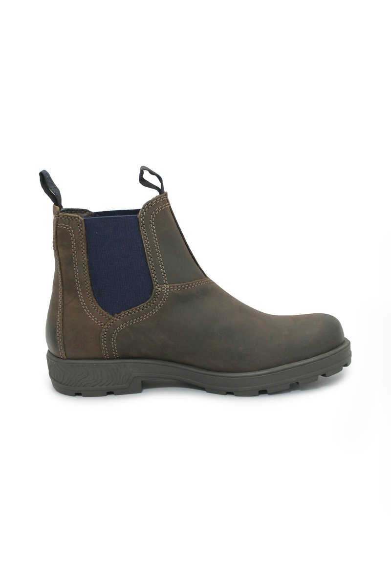 Stivaletto in pelle marrone con pannelli laterali elastici, linguette e suola in gomma texturizzata. Presenta cuciture marroni e un design elegante.