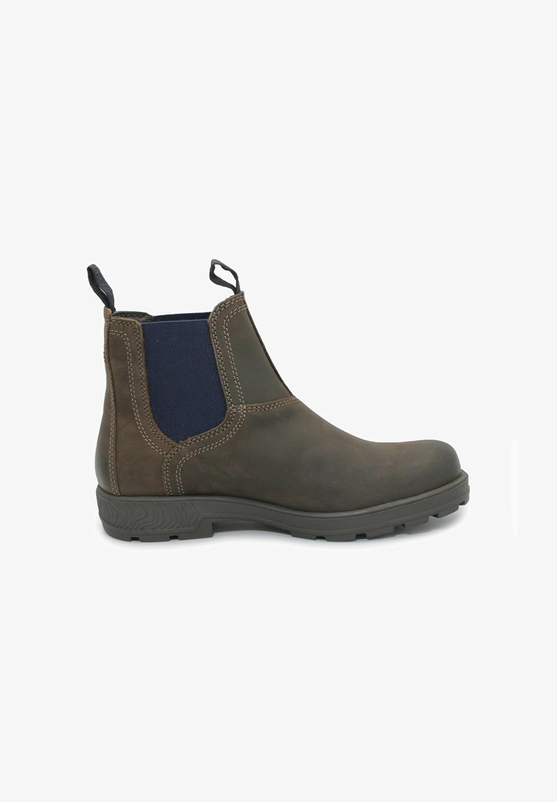 Stivaletto in pelle marrone con pannelli laterali elastici, linguette e suola in gomma texturizzata. Presenta cuciture marroni e un design elegante.