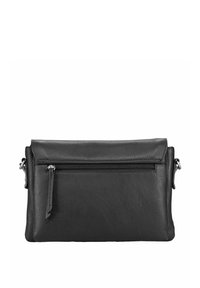 Sac bandoulière en cuir noir avec une finition texturée, poche zippée à l'avant et accents métalliques argentés. Forme rectangulaire, profil plat.