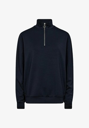 Marineblauwe pullover met hoge kraag en halve ritssluiting. Heeft lange mouwen en geribbelde manchetten. Soepele textuur, eenvoudig ontwerp zonder patronen.