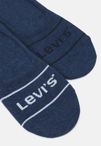 Calcetines azul marino de tela de punto que presentan el logo blanco de Levi's y un detalle de rayas en los puños. Diseño de punta redondeada con una textura suave.