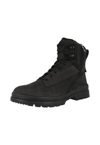 Zwarte tactische boot gemaakt van gestructureerd leer en nylon, met een vetersluiting aan de voorkant, een zijrits en een robuuste zool voor grip.