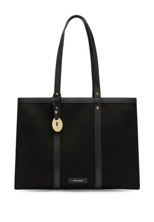 Czarna prostokątna torba typu tote z długimi uchwytami, złotą okrągłą zawieszką i metką marki Trussardi na przednim środku.