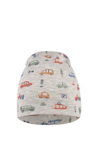 Gray beanie featuring colorful car and traffic icon patterns. Made of soft fabric, it has a snug fit and rounded shape for comfort.