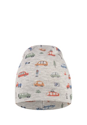 Gray beanie featuring colorful car and traffic icon patterns. Made of soft fabric, it has a snug fit and rounded shape for comfort.