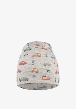 Grau Mütze mit bunten Auto- und Verkehrsikonen-Mustern. Aus weichem Stoff gefertigt, bietet sie eine enge Passform und eine abgerundete Form für Komfort.